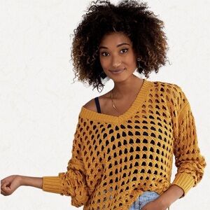 Daytrip Open Weave Sweater – Amber Gold | Boho Crochet Beachy Layer | Size Small